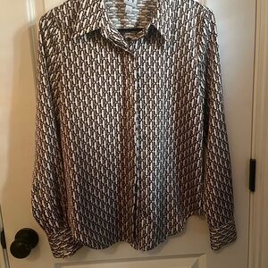 Worthington Brown and Cream Button Down Shirt with Geometric Pattern NWOT